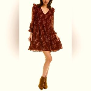 NEW WITH TAGS: MADEWELL Lucie V-Neck Smocked Mini Dress in stained mahogany